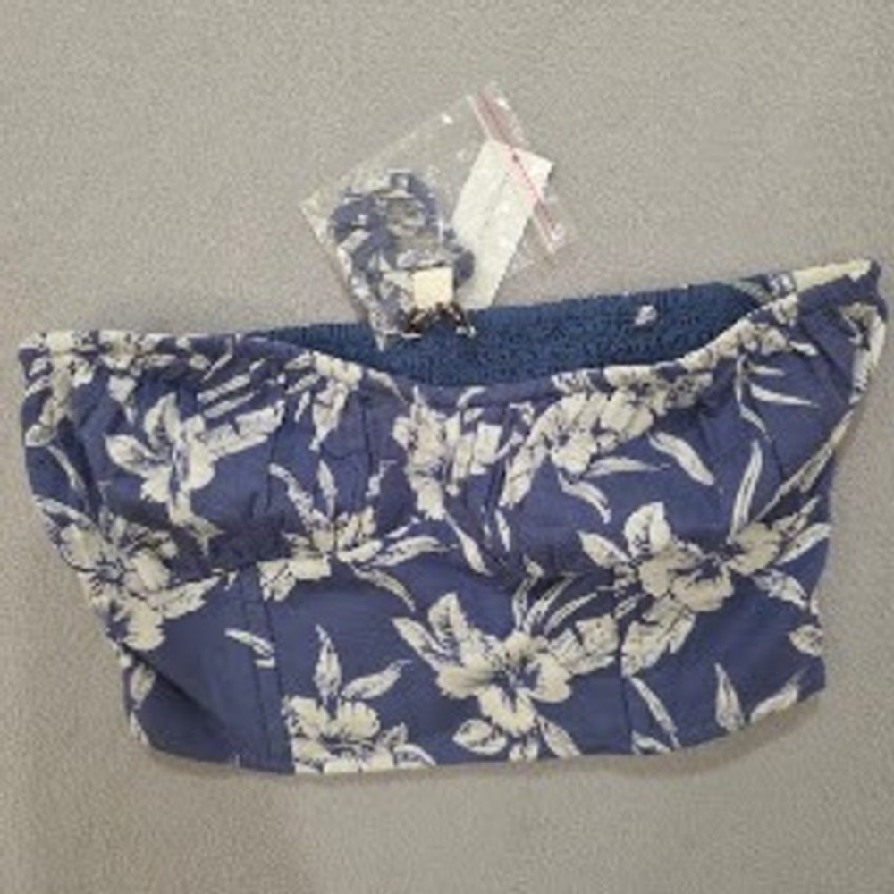 American Eagle Floral Tube Top Blue White Hibiscus Smocked Cropped Corset Small